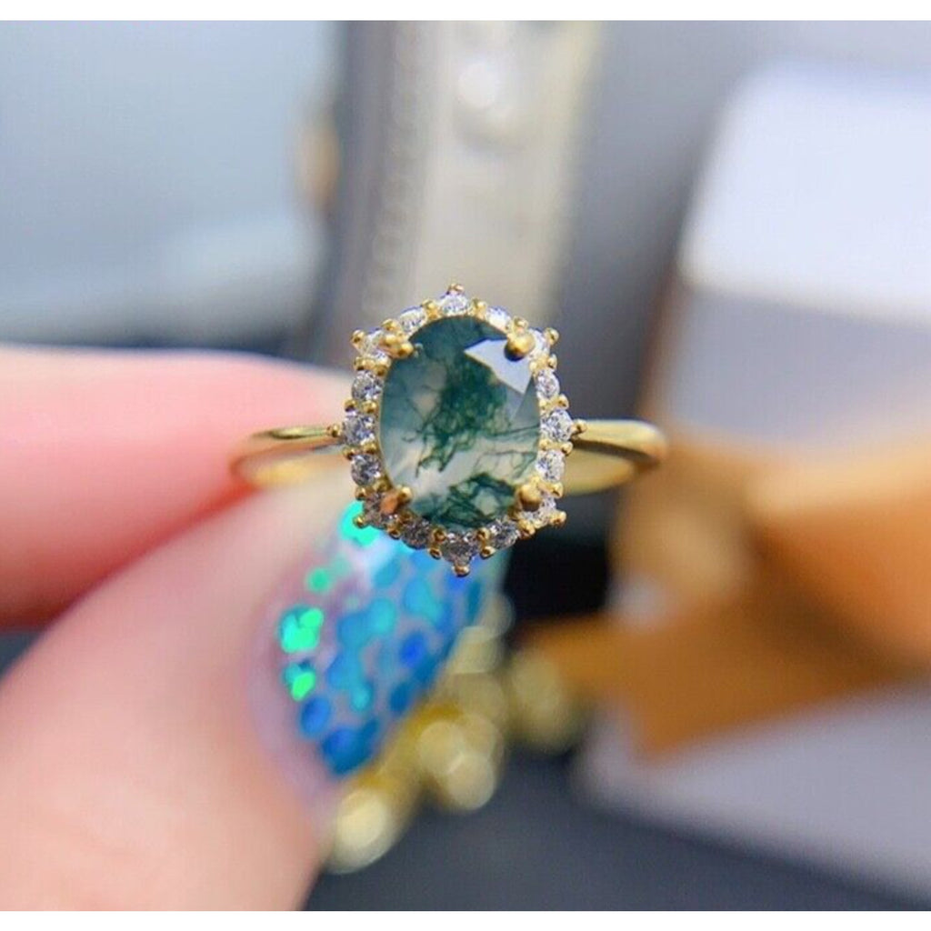Moss Agate Gemstone Ring 6x8mm 925 Sterling Silver