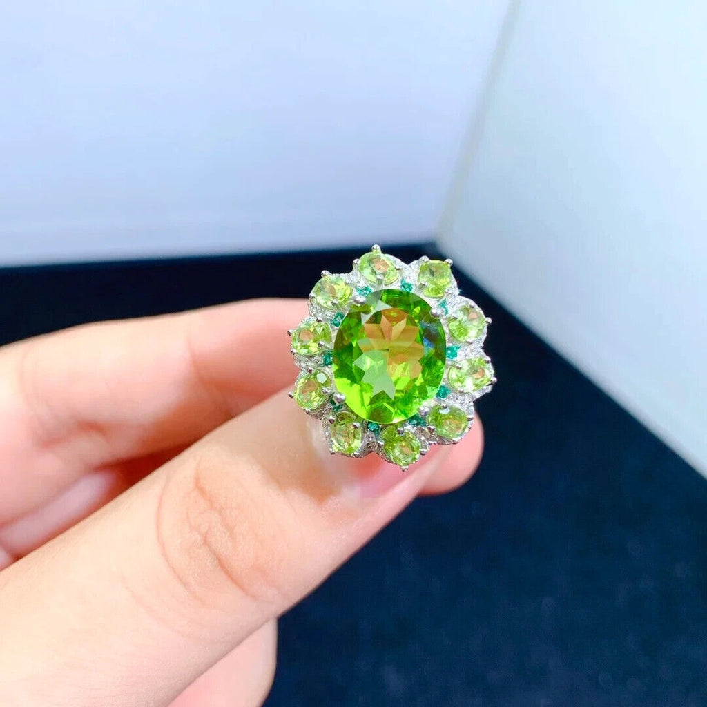 Natural Peridot Gemstone Ring 10x12mm, Large Peridot Cocktail Ring CZ