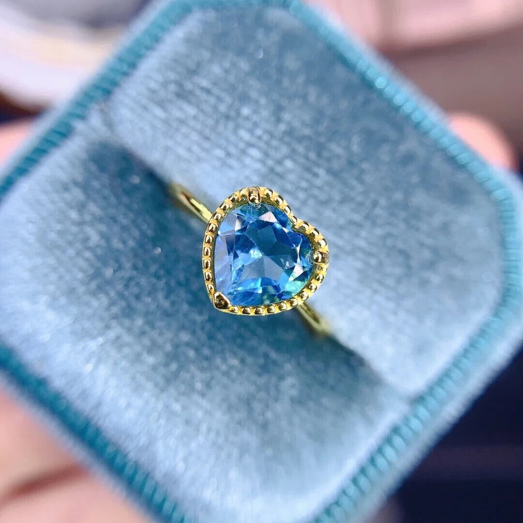 Swiss Blue Topaz Gemstone Heart Ring 7mm
