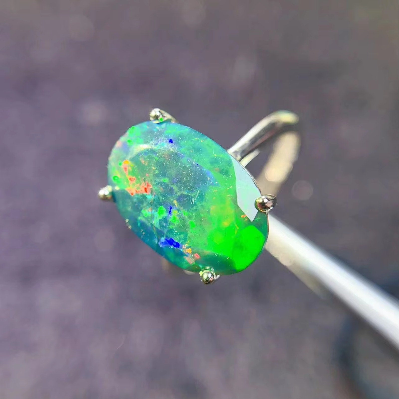 Faceted Black Opal Ring, Australian Fire Opal Statement Ring Sterling Silver