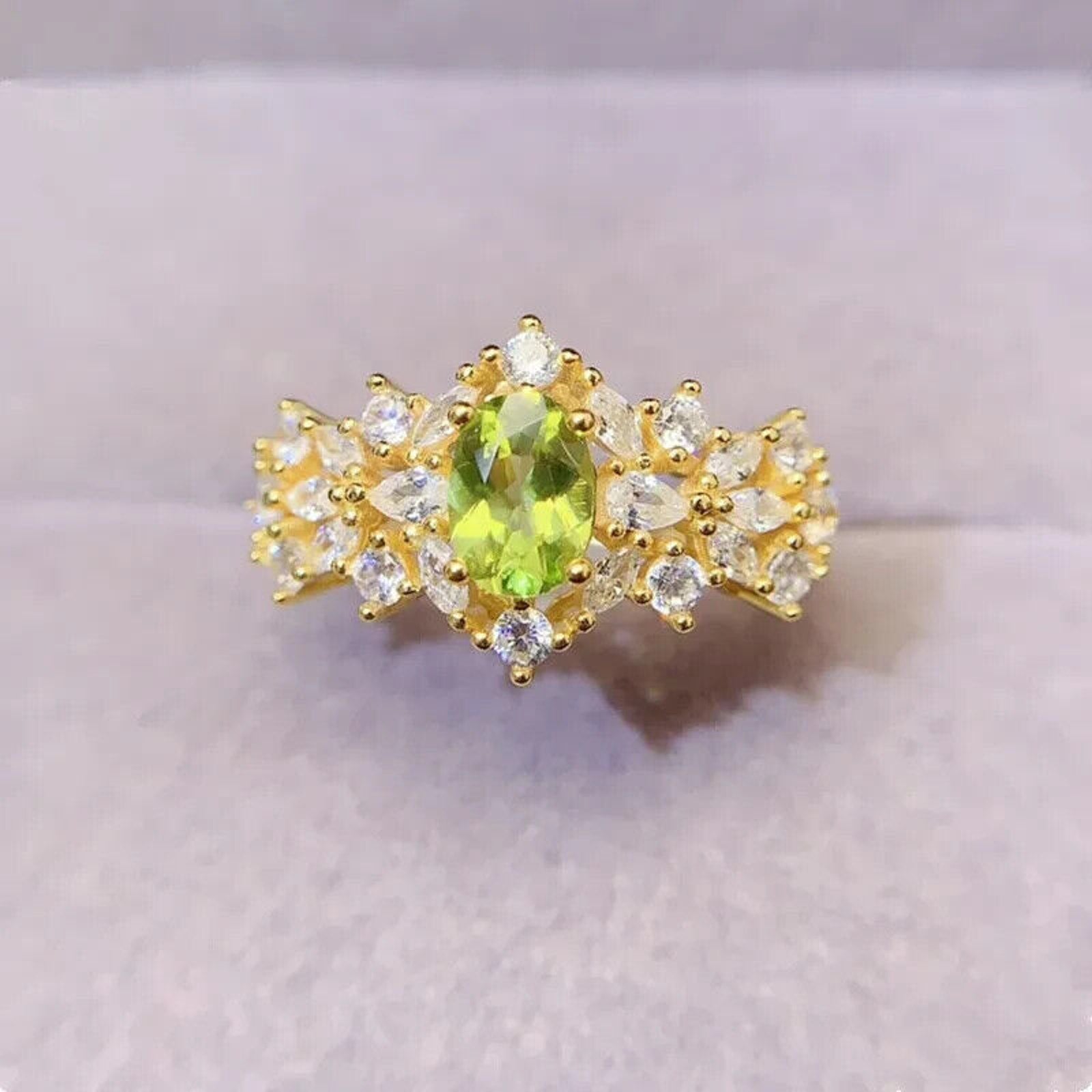 Natural Peridot Gemstone Statement Ring 5x7mm, August Birthstone Peridot Ring
