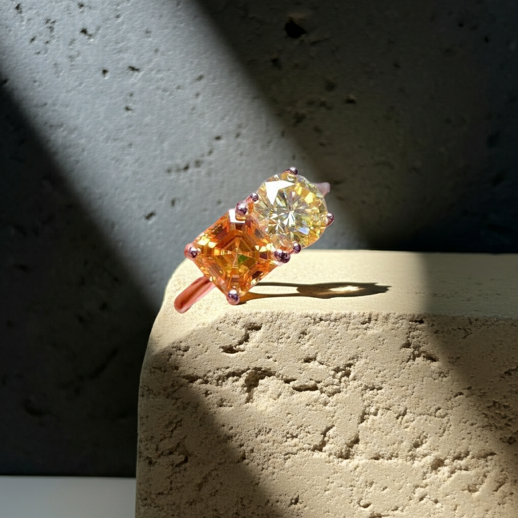 VVS1 Yellow Moissanite Square and Round Cut Ring 6mm