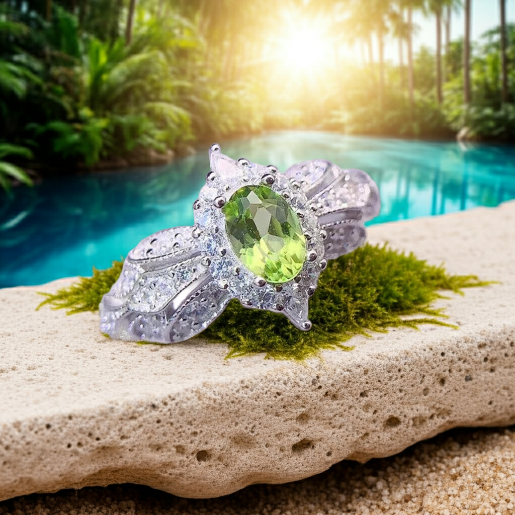 Natural Peridot Gemstone Ring 4x6mm, August Birthstone Peridot Ring Sterling