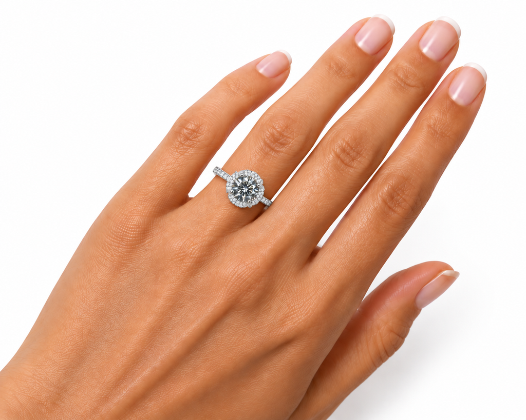 Gray moissanite floral halo ring worn on a woman's ring finger, showing the 8mm round brilliant center gemstone, sparkling cubic zirconia floral setting and sterling silver band against a white background.