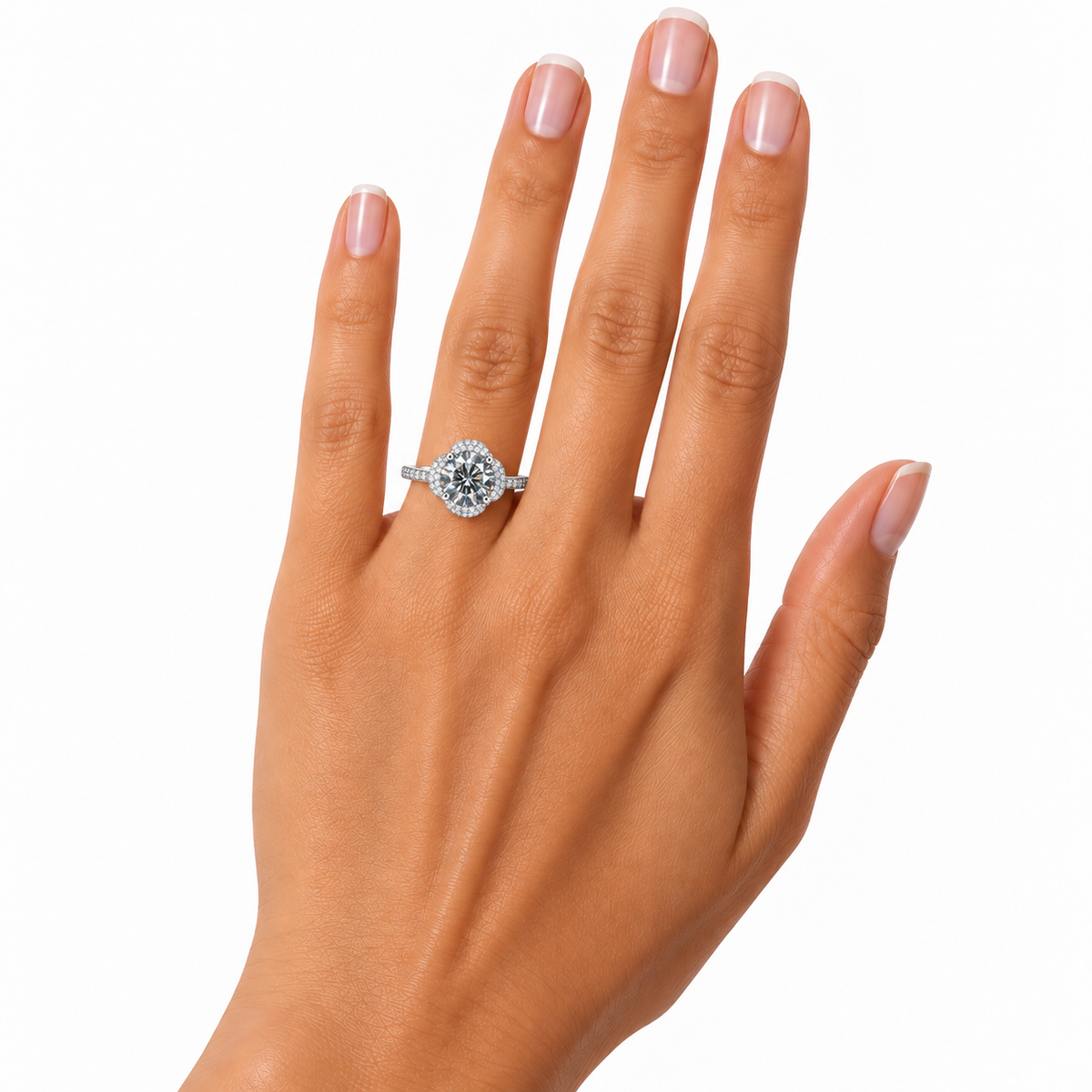 Alternate hand model view of a 2 carat gray moissanite floral halo ring on a woman's ring finger, featuring a smoky gray round brilliant gemstone and delicate sterling silver band.