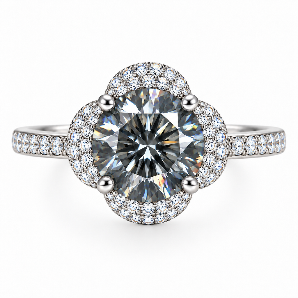 Front view of a 2 carat 8mm round brilliant VVS1 gray moissanite floral halo ring featuring a smoky charcoal center gemstone, four-prong setting, sparkling cubic zirconia accents and 925 sterling silver band on white.