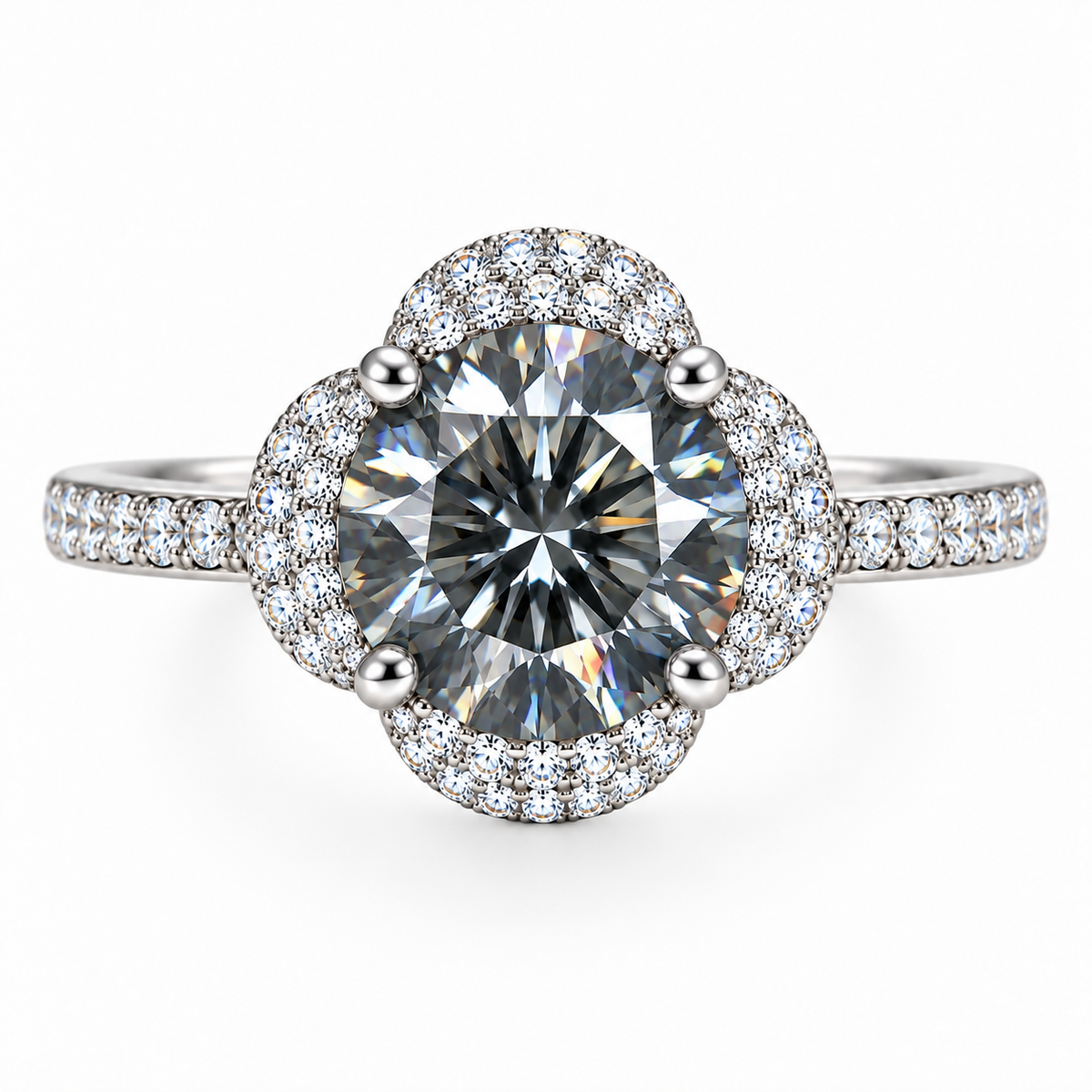Front view of a 2 carat 8mm round brilliant VVS1 gray moissanite floral halo ring featuring a smoky charcoal center gemstone, four-prong setting, sparkling cubic zirconia accents and 925 sterling silver band on white.