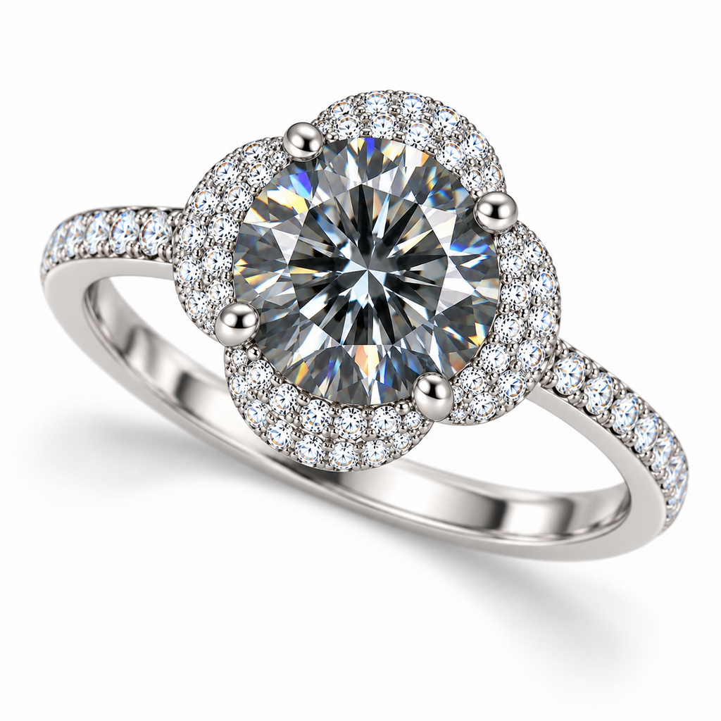 Three-quarter view of a 2 carat gray moissanite floral halo ring showcasing the 8mm round brilliant gemstone, four-petal cubic zirconia halo and sparkling sterling silver band.