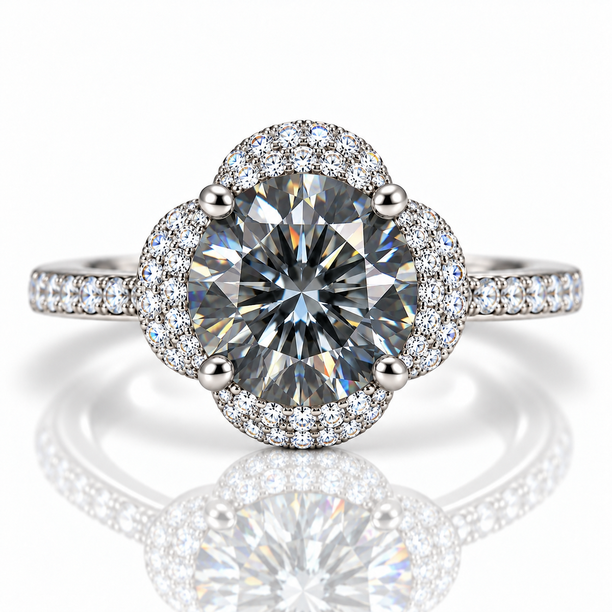 Top-down view of an 8mm VVS1 gray moissanite ring highlighting the round brilliant center gemstone, symmetrical four-petal floral halo and pavé cubic zirconia band accents.