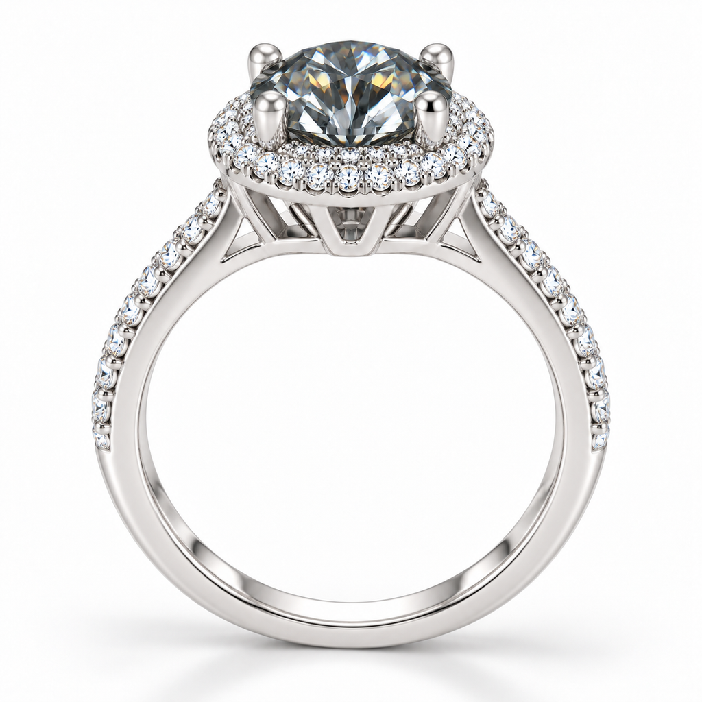 Side profile of a gray moissanite floral halo ring showing the raised four-prong gemstone setting, decorative halo gallery and polished 925 sterling silver band.