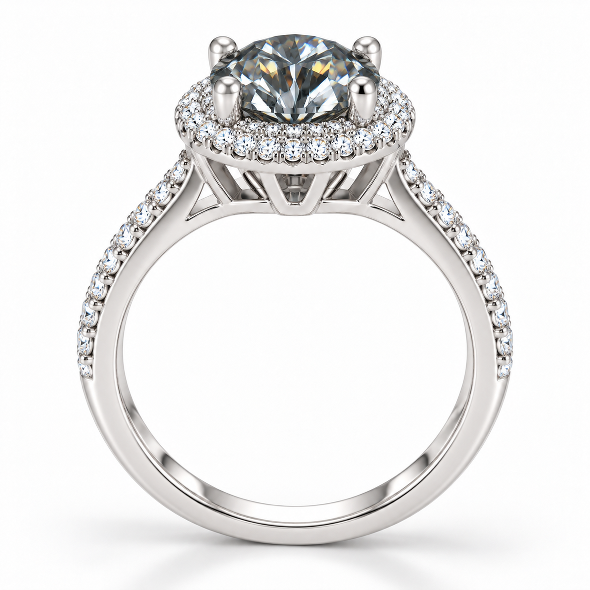 Side profile of a gray moissanite floral halo ring showing the raised four-prong gemstone setting, decorative halo gallery and polished 925 sterling silver band.
