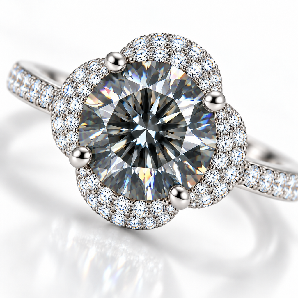 Macro photograph of a 2 carat round brilliant gray moissanite ring displaying smoky charcoal facets, luminous silver reflections, subtle rainbow fire and sparkling cubic zirconia floral halo details.
