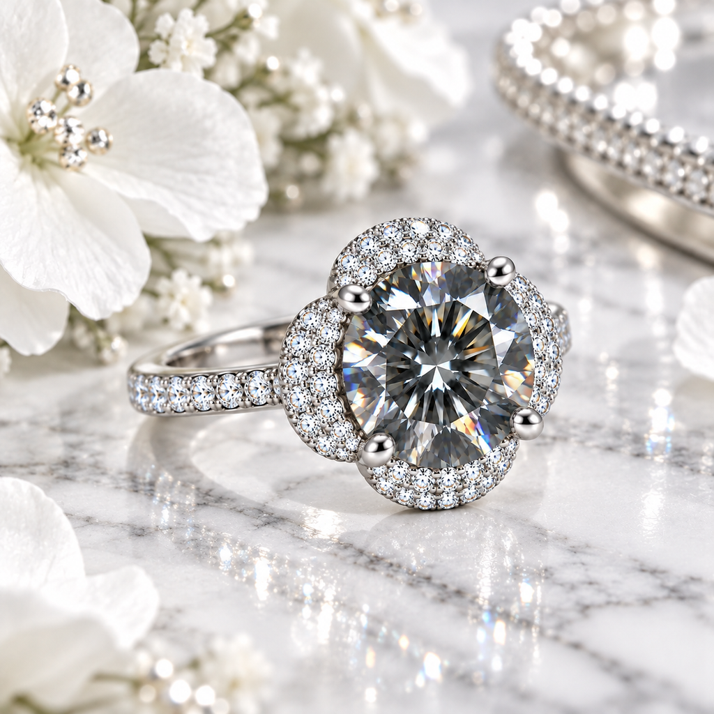 Angled lifestyle photograph of an 8mm round brilliant gray moissanite floral halo ring resting on white marble beside delicate white flowers and polished silver accents.