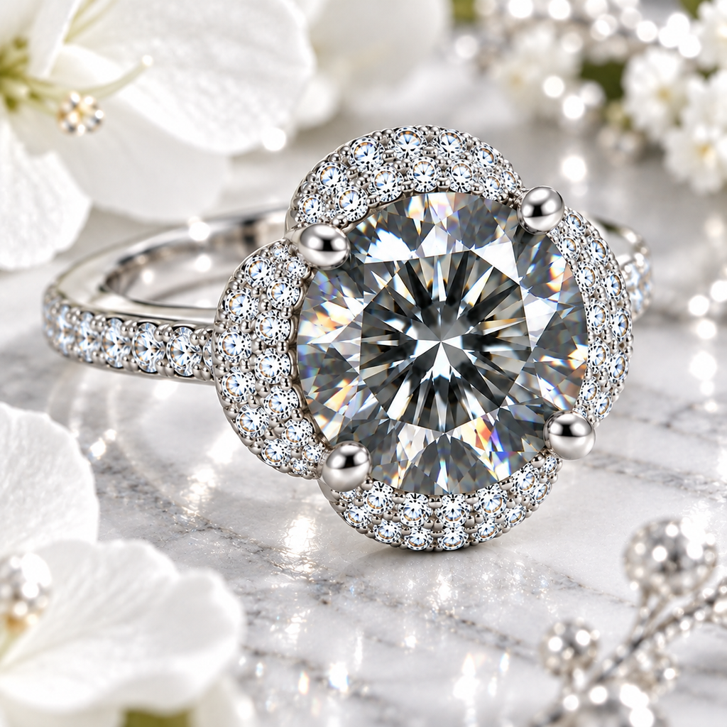Close-up lifestyle photograph of a 2 carat gray moissanite floral halo ring on polished white marble with soft white flowers, showcasing smoky gray facets, subtle rainbow fire and sparkling cubic zirconia accents.