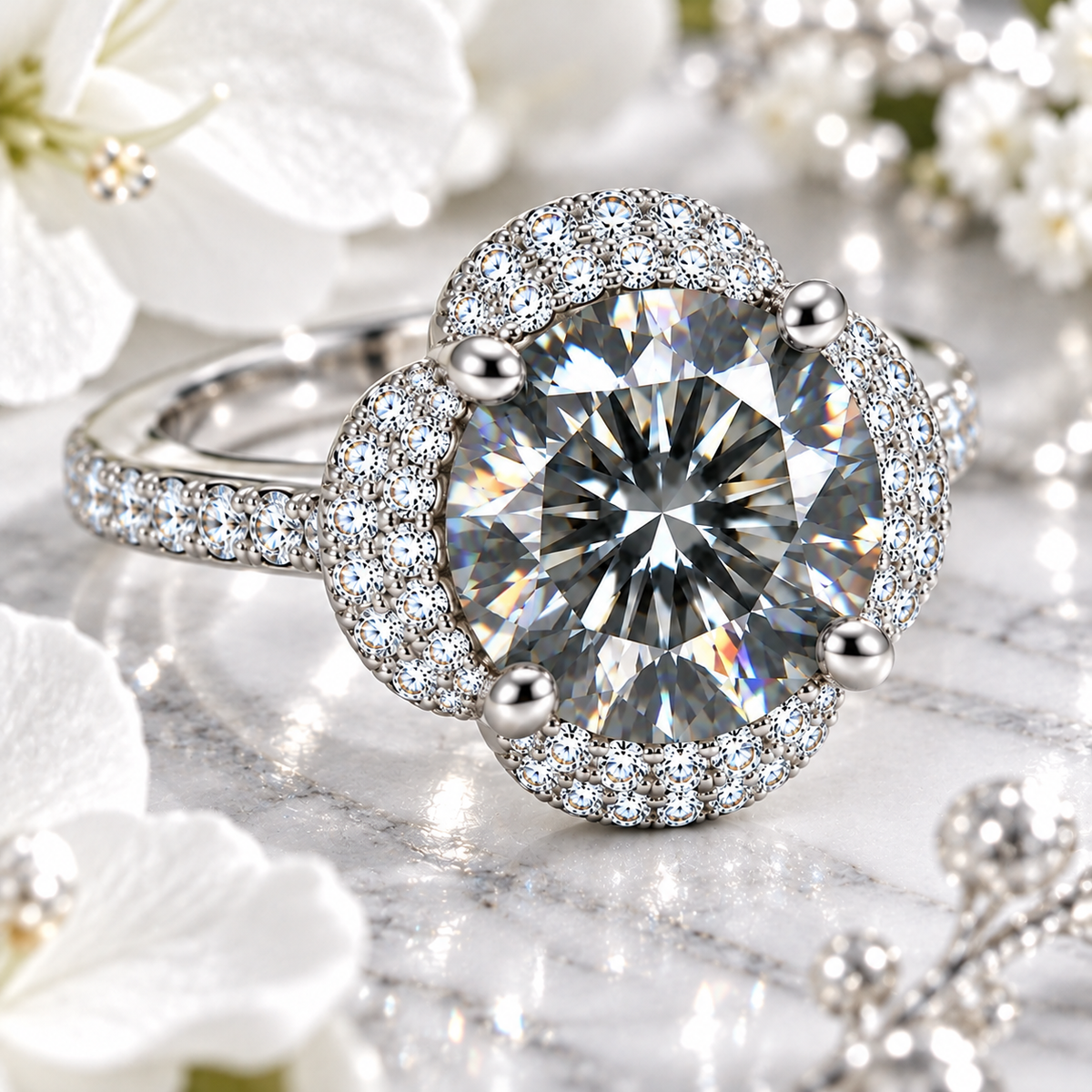 Close-up lifestyle photograph of a 2 carat gray moissanite floral halo ring on polished white marble with soft white flowers, showcasing smoky gray facets, subtle rainbow fire and sparkling cubic zirconia accents.