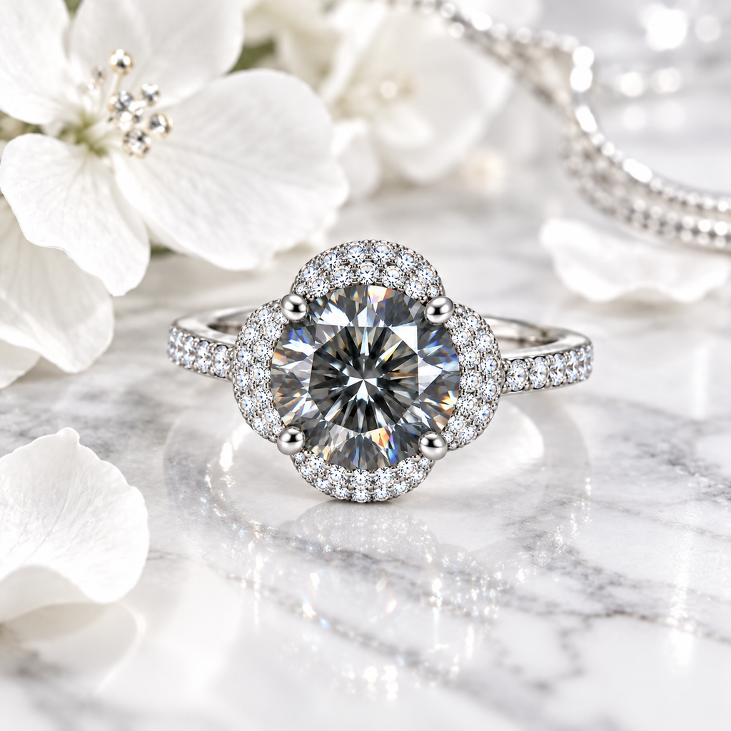 Two carat gray moissanite floral halo ring displayed on elegant white marble with silver-gray veining, surrounded by pure white flowers and reflective silver accents.