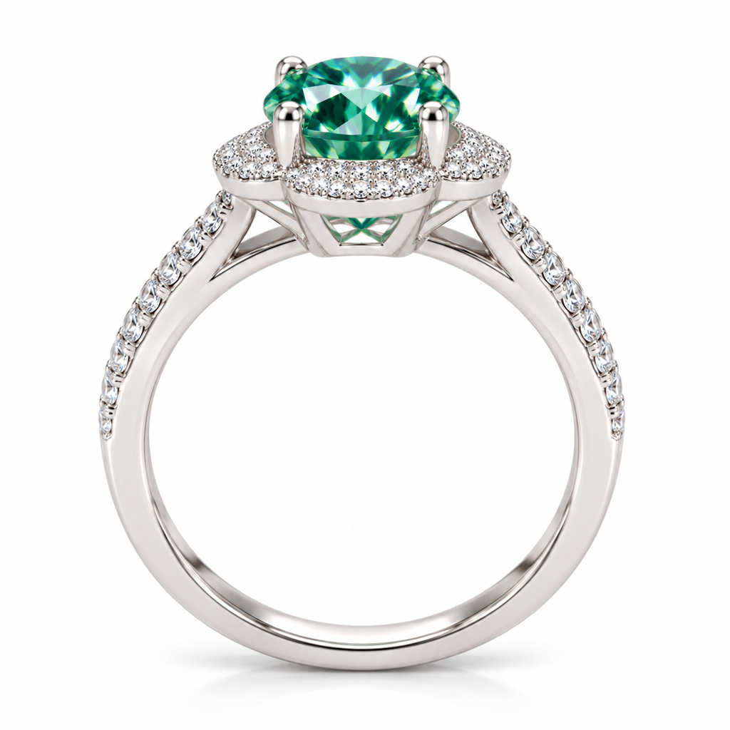 Side profile of a 2 carat green moissanite floral halo ring showing the raised four-prong gemstone setting, decorative floral cubic zirconia halo, and polished 925 sterling silver band with sparkling shoulder accents.
