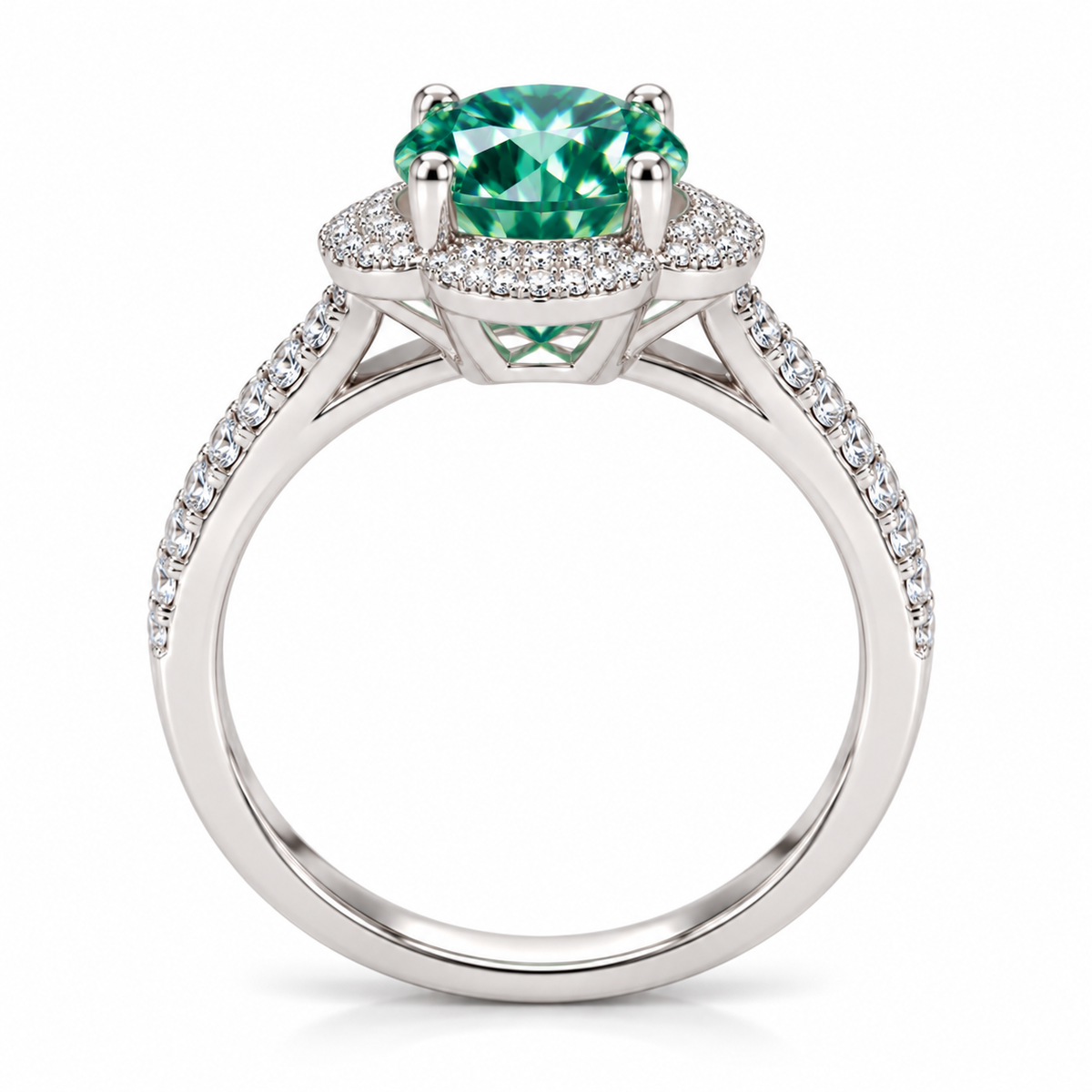 Side profile of a 2 carat green moissanite floral halo ring showing the raised four-prong gemstone setting, decorative floral cubic zirconia halo, and polished 925 sterling silver band with sparkling shoulder accents.