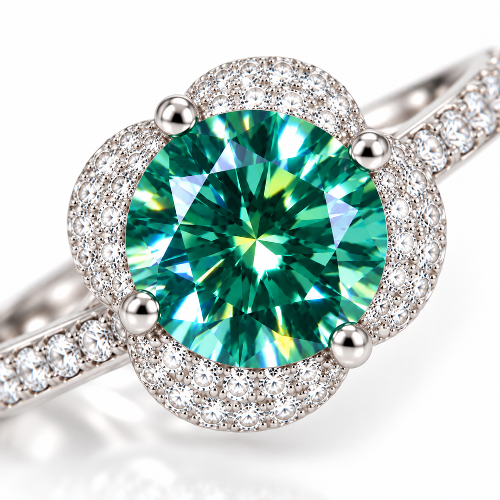 Macro close-up of an 8mm round brilliant-cut green moissanite ring showcasing vivid emerald-green and teal reflections, brilliant gemstone facets, four polished prongs, and delicate sparkling cubic zirconia floral halo details.