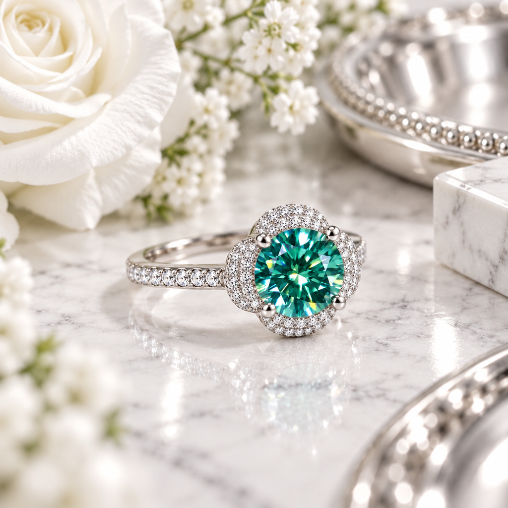 Three-quarter angle lifestyle photograph of an 8mm green moissanite floral halo ring resting on polished white marble beside delicate white flowers and silver accents, highlighting the brilliant teal-green gemstone, four-petal cubic zirconia halo, and elegant sterling silver band.