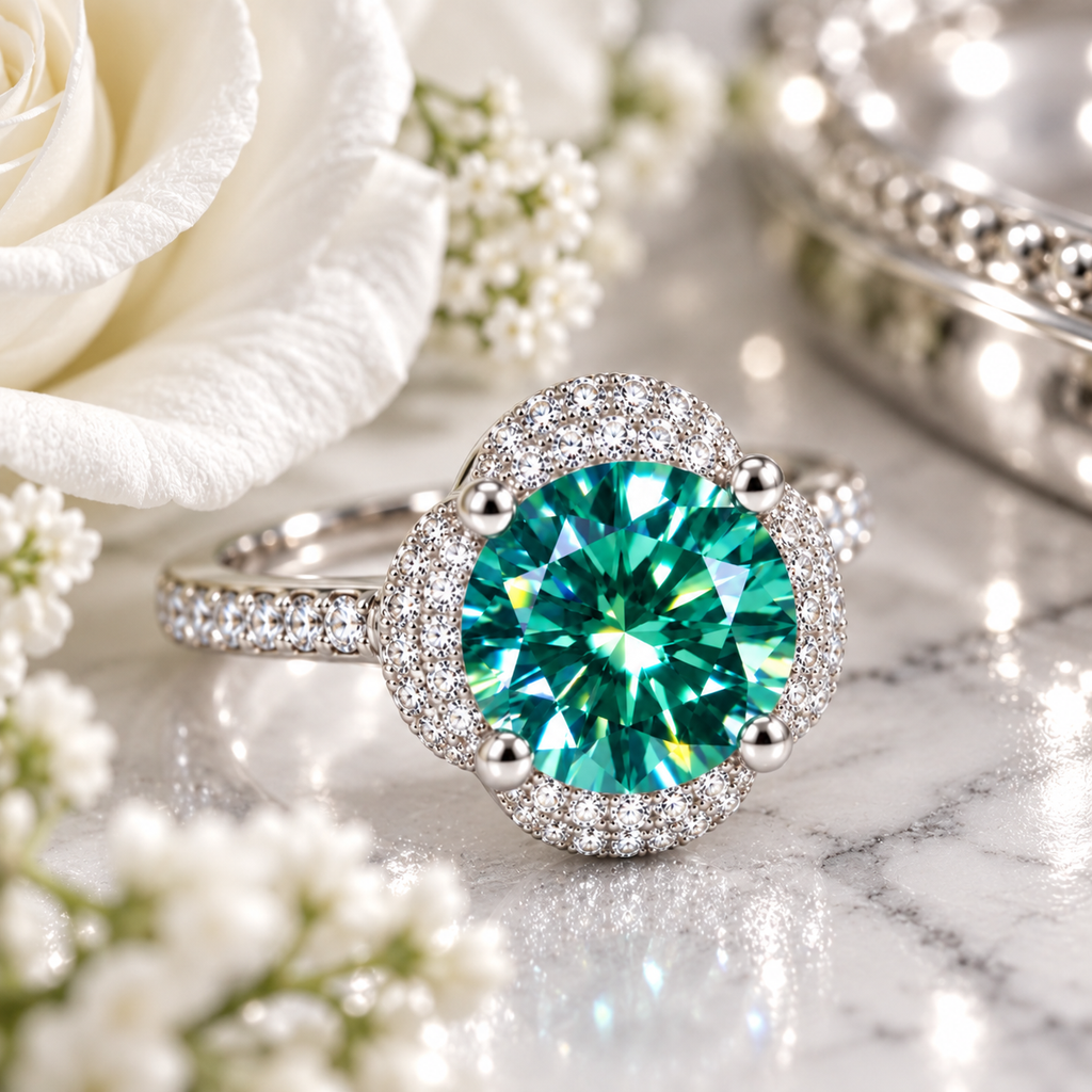 Close-up lifestyle photograph of a 2 carat 8mm round brilliant green moissanite ring showcasing vivid emerald-green and teal reflections, brilliant gemstone faceting, polished four-prong setting, and intricate four-petal cubic zirconia halo on elegant white marble with soft white flowers and subtle silver accents.