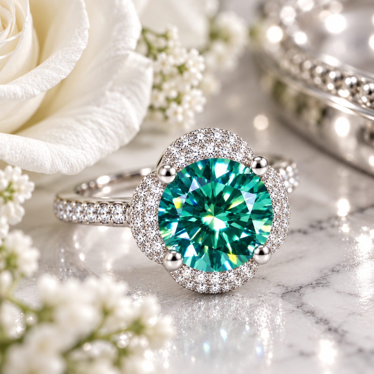 Close-up lifestyle photograph of a 2 carat 8mm round brilliant green moissanite ring showcasing vivid emerald-green and teal reflections, brilliant gemstone faceting, polished four-prong setting, and intricate four-petal cubic zirconia halo on elegant white marble with soft white flowers and subtle silver accents.