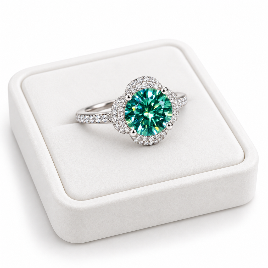 Three-quarter angle photograph of a 2 carat green moissanite floral halo ring resting on a white velvet jewelry tray, showcasing the brilliant 8mm teal-green gemstone, delicate four-petal halo, and sparkling cubic zirconia band accents.