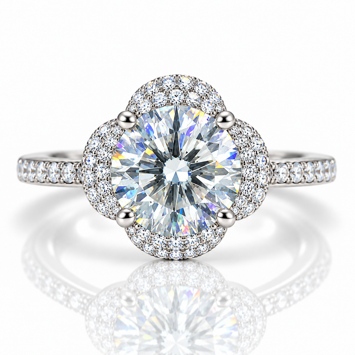 Front view of a 2 carat 8mm round brilliant white moissanite floral halo ring featuring a brilliant lab-created center gemstone, four-petal cubic zirconia halo and sparkling 925 sterling silver band on a pure white background.