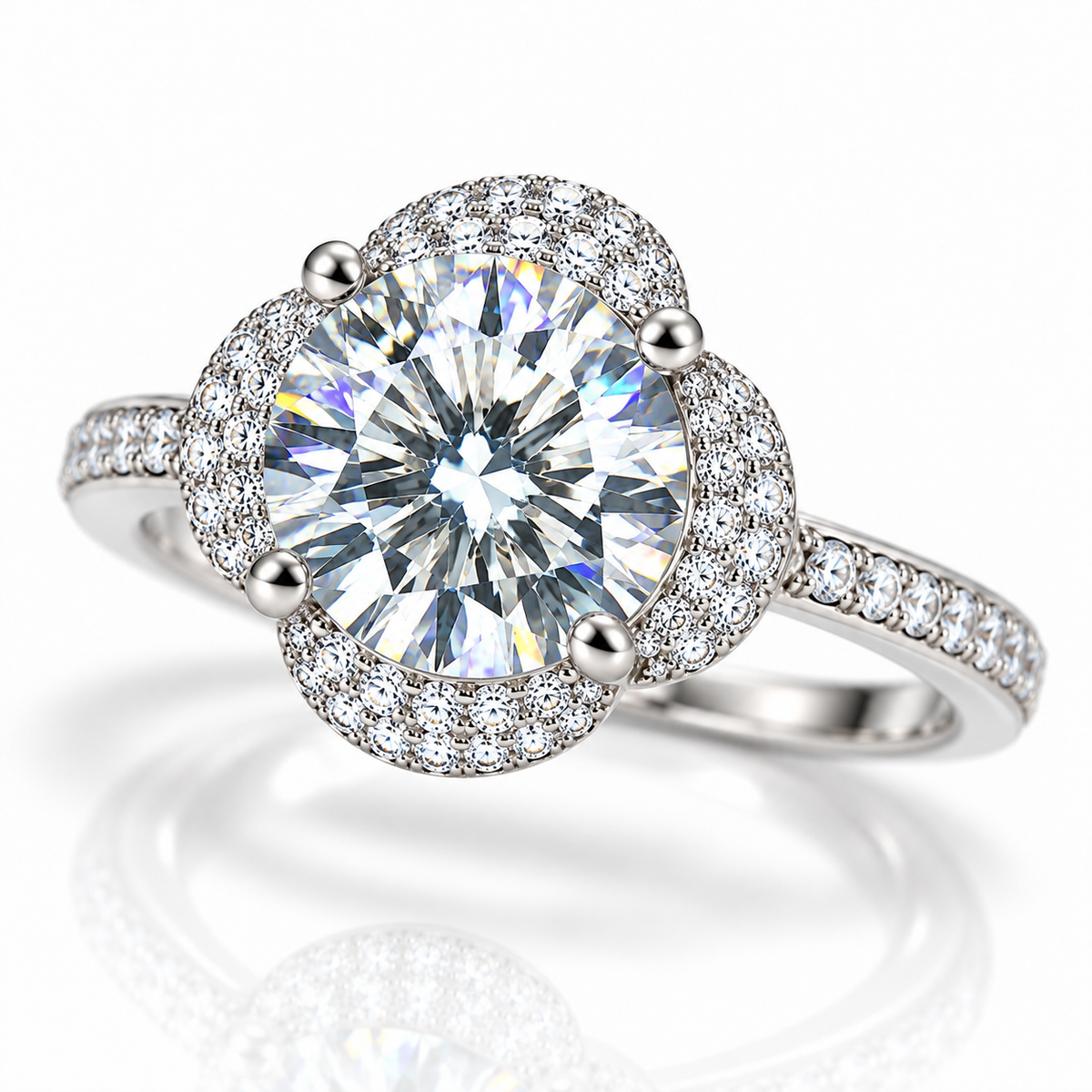 Three-quarter view of a 2 carat white moissanite floral halo ring showcasing the 8mm round brilliant gemstone, four-prong setting, sparkling cubic zirconia flower halo and polished sterling silver band.