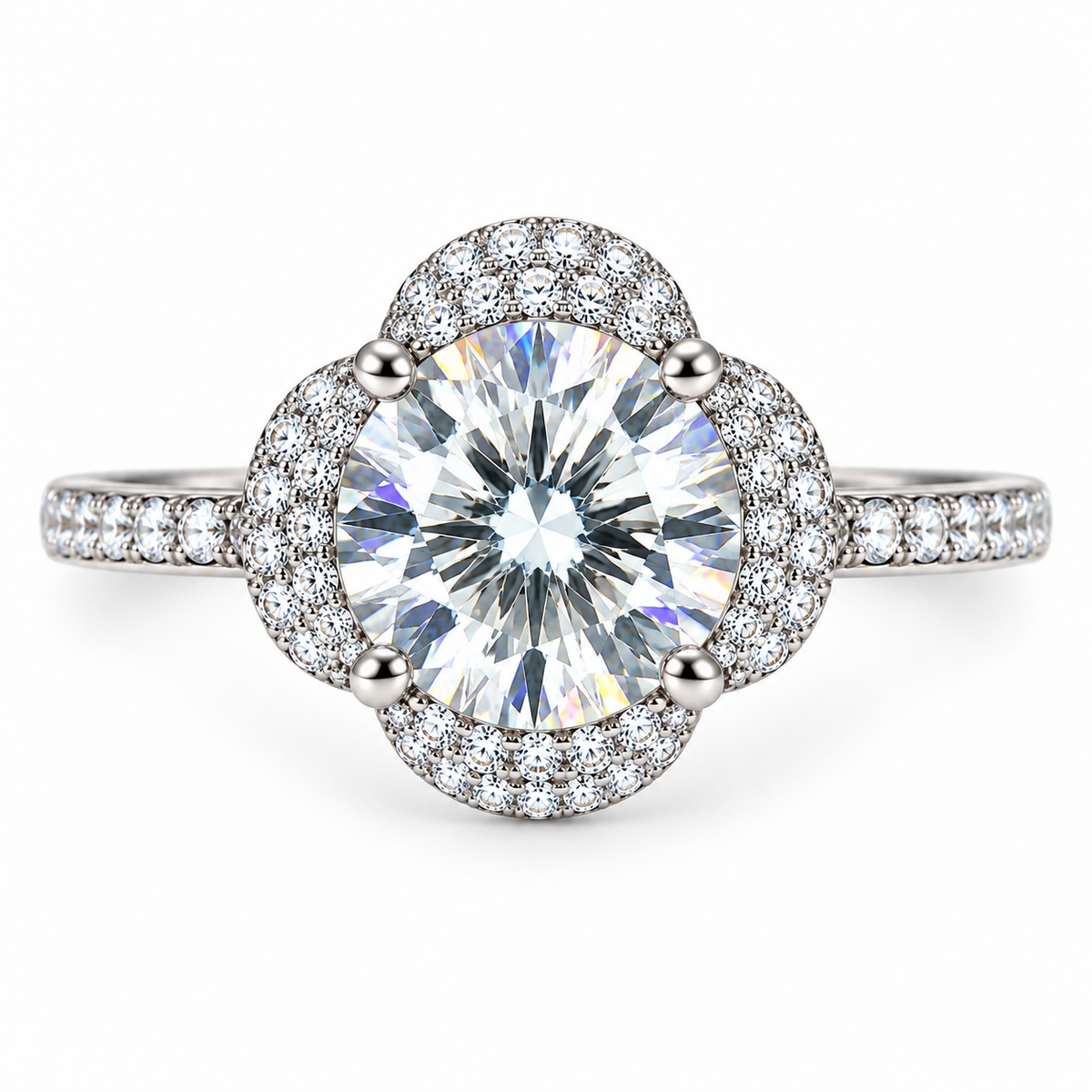 Top-down view of an 8mm round brilliant white moissanite ring highlighting the four-petal floral cubic zirconia halo, symmetrical gemstone setting and slender pavé-accented 925 sterling silver band.