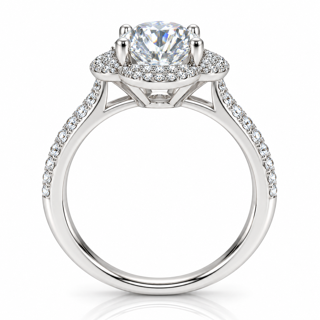 Side profile of a 2 carat white moissanite floral halo ring showing the raised four-prong center gemstone setting, intricate cubic zirconia halo and polished sterling silver band.