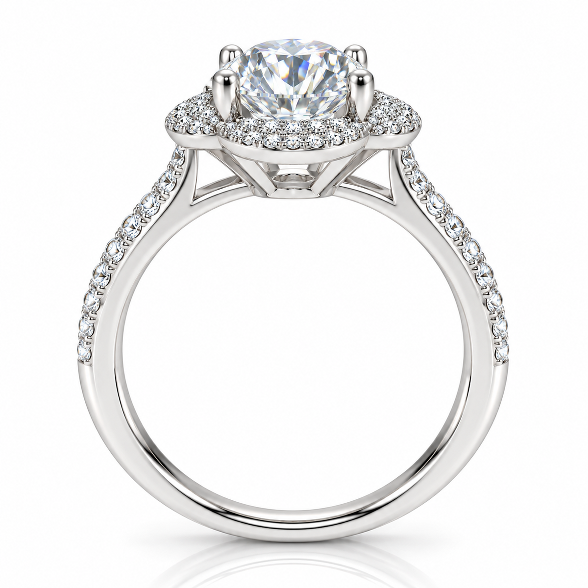 Side profile of a 2 carat white moissanite floral halo ring showing the raised four-prong center gemstone setting, intricate cubic zirconia halo and polished sterling silver band.