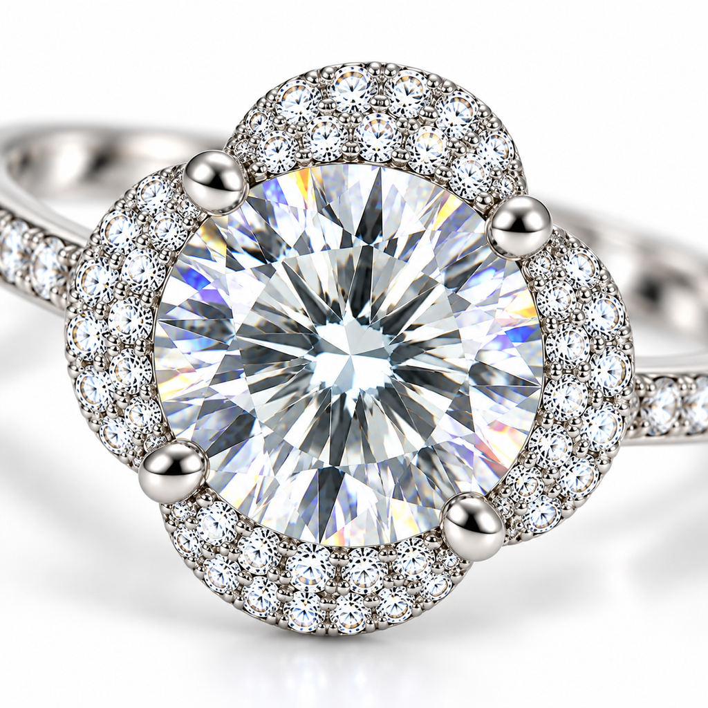 Macro photograph of a 2 carat 8mm round brilliant white moissanite ring displaying crisp gemstone facets, subtle rainbow fire, polished silver prongs and sparkling floral cubic zirconia details.
