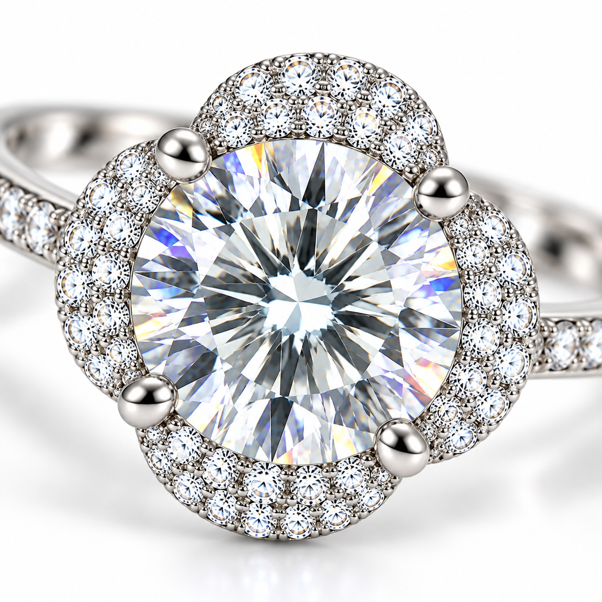 Macro photograph of a 2 carat 8mm round brilliant white moissanite ring displaying crisp gemstone facets, subtle rainbow fire, polished silver prongs and sparkling floral cubic zirconia details.