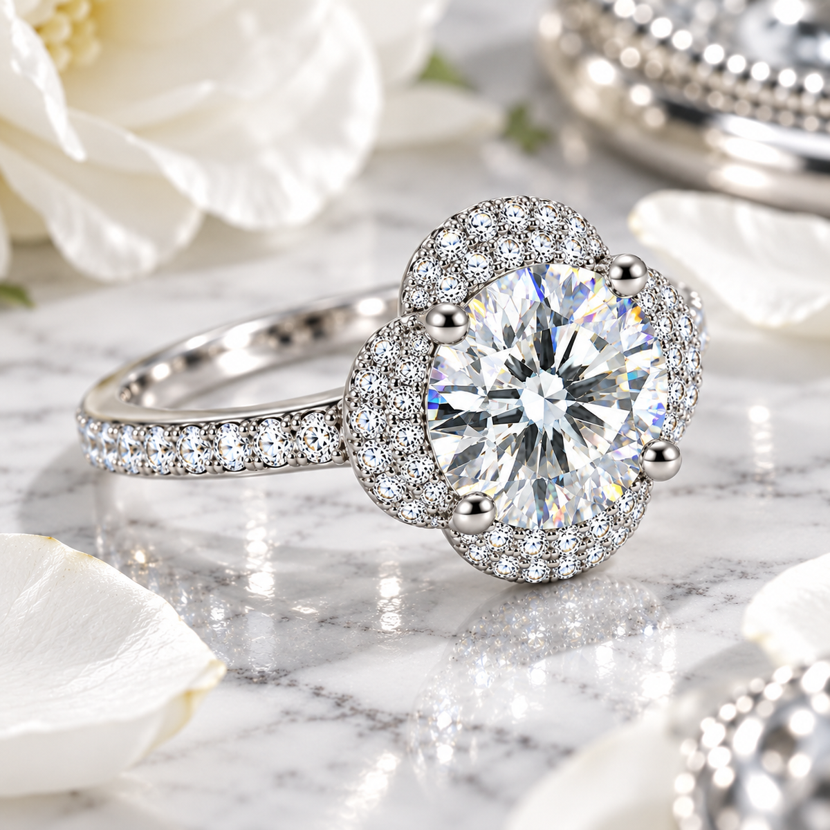 Alternate angle of an 8mm round brilliant white moissanite floral halo ring on white marble beside delicate white flowers and reflective silver accents, highlighting the sparkling gemstone and sterling silver band.