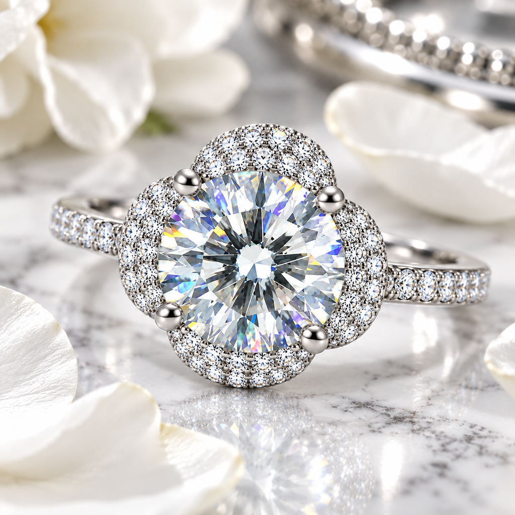 Close-up lifestyle photograph of a 2 carat round brilliant white moissanite floral halo ring on polished white marble with soft white flowers and silver accents, showcasing the gemstone's brilliant facets and intricate cubic zirconia halo.
