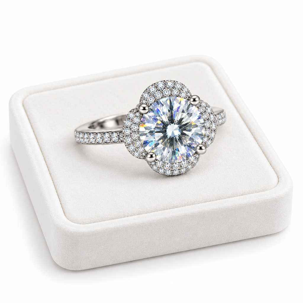 Angled view of an 8mm white moissanite floral halo ring resting on a turned white velvet jewelry tray, highlighting the four-petal cubic zirconia halo and pavé sterling silver band.