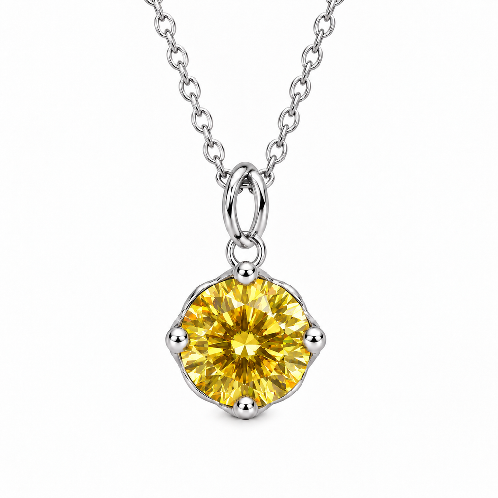 2 carat yellow moissanite solitaire necklace featuring an 8mm VVS1 round brilliant gemstone in a four-prong platinum-plated 925 sterling silver setting with a delicate oval-link chain on a pure white background.