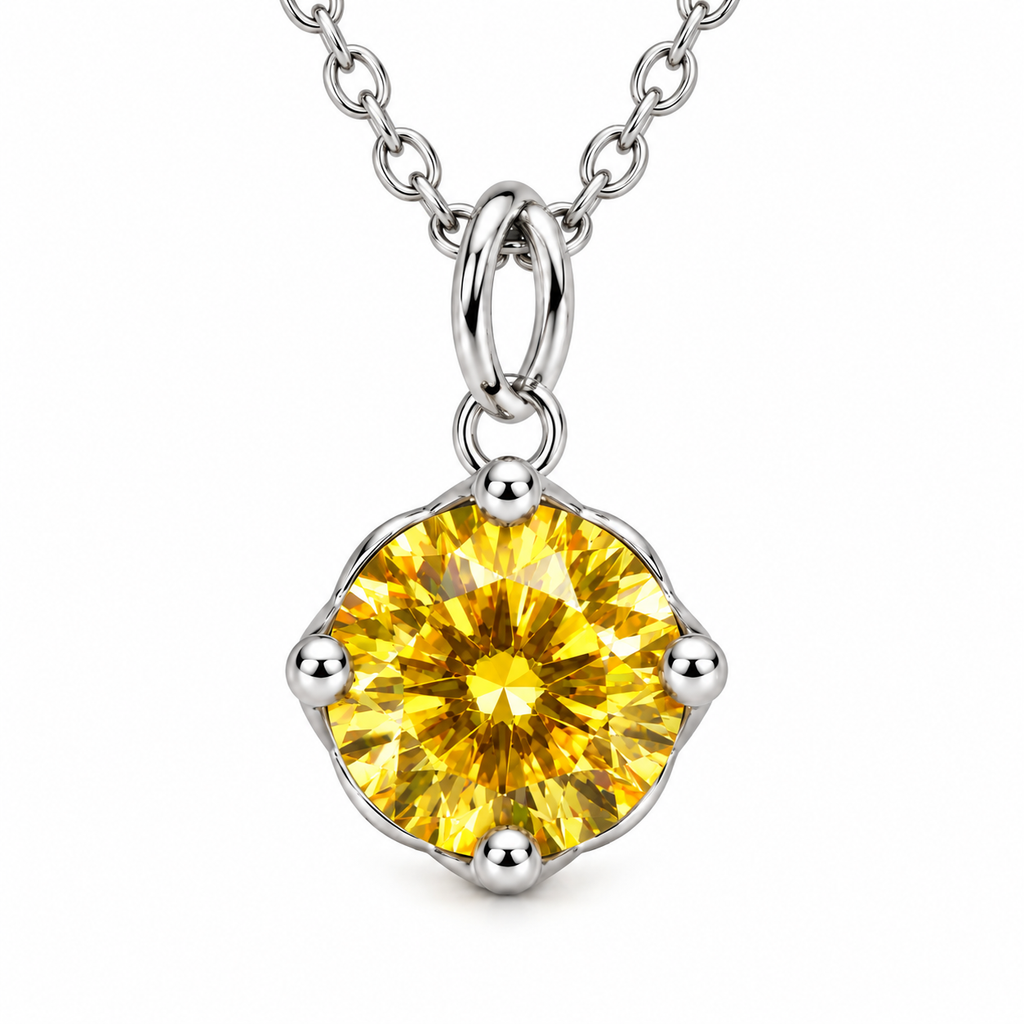 Frontal view of a 2 carat golden yellow moissanite solitaire pendant with VVS1 clarity, four rounded silver prongs, a polished elongated oval bail, and a delicate 925 sterling silver chain.