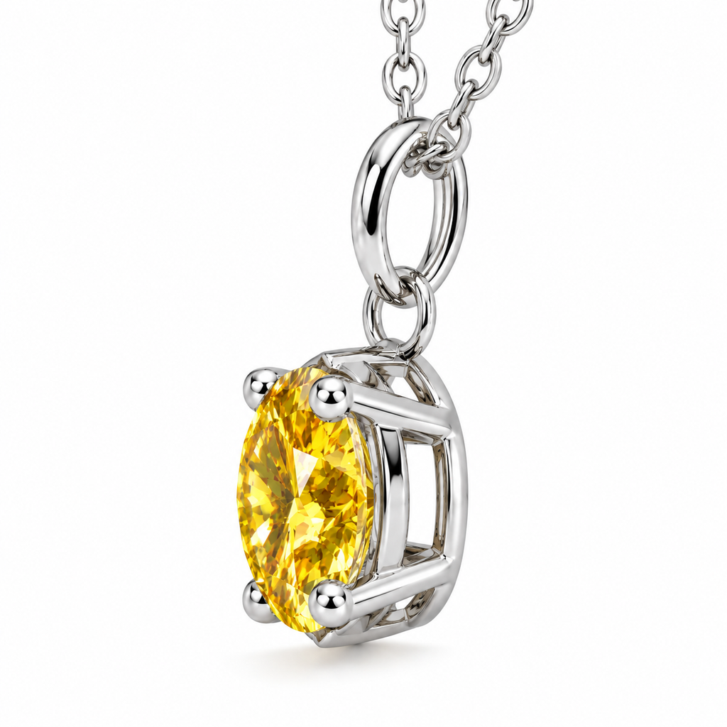 Side profile of an 8mm yellow moissanite solitaire necklace showing the round brilliant gemstone depth, four-prong open silver basket setting, polished connecting ring, and elongated oval pendant bail.