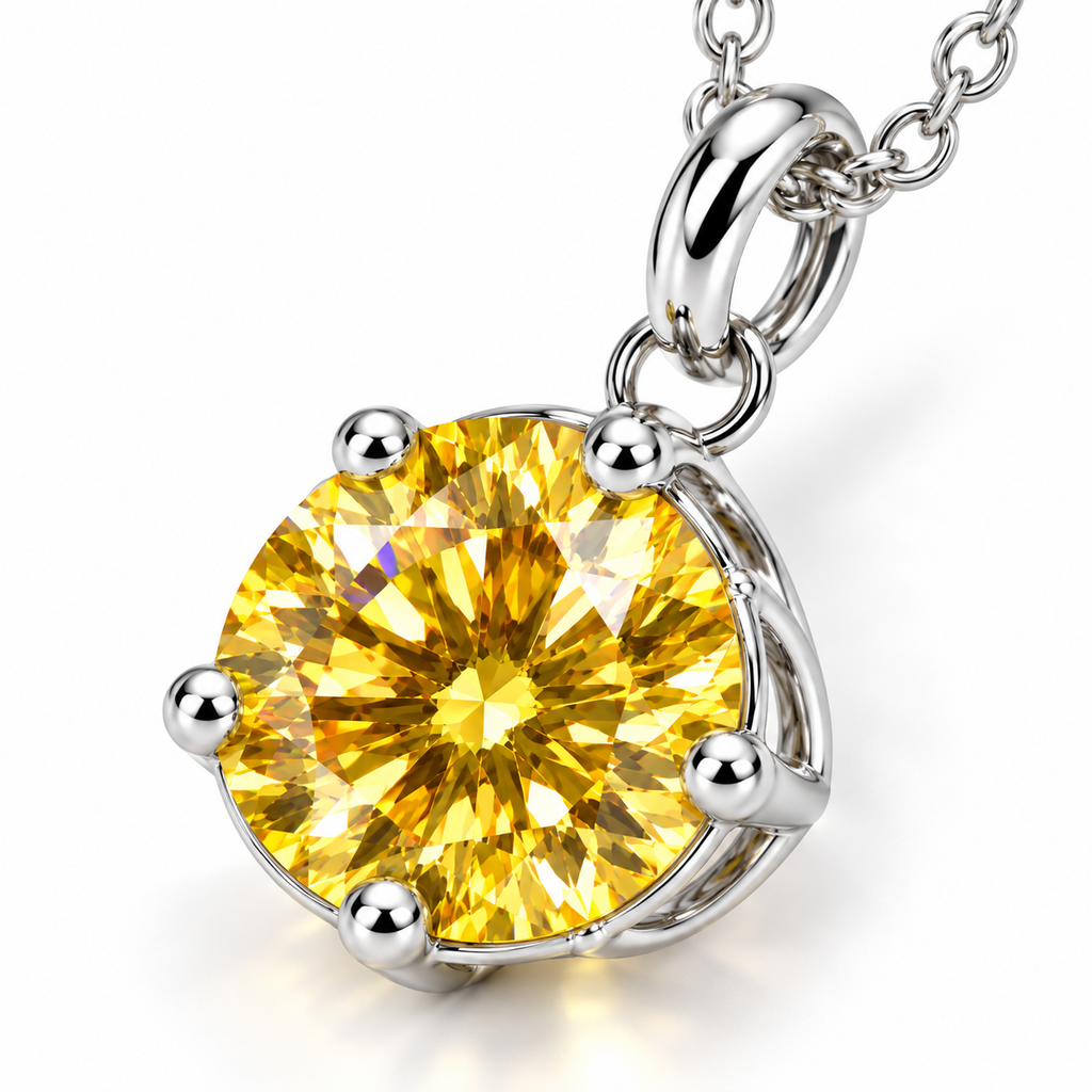 Macro angled photograph of a 2 carat yellow moissanite pendant highlighting brilliant golden-yellow facets, warm amber reflections, polished silver prongs, and an elegant sterling silver solitaire setting.