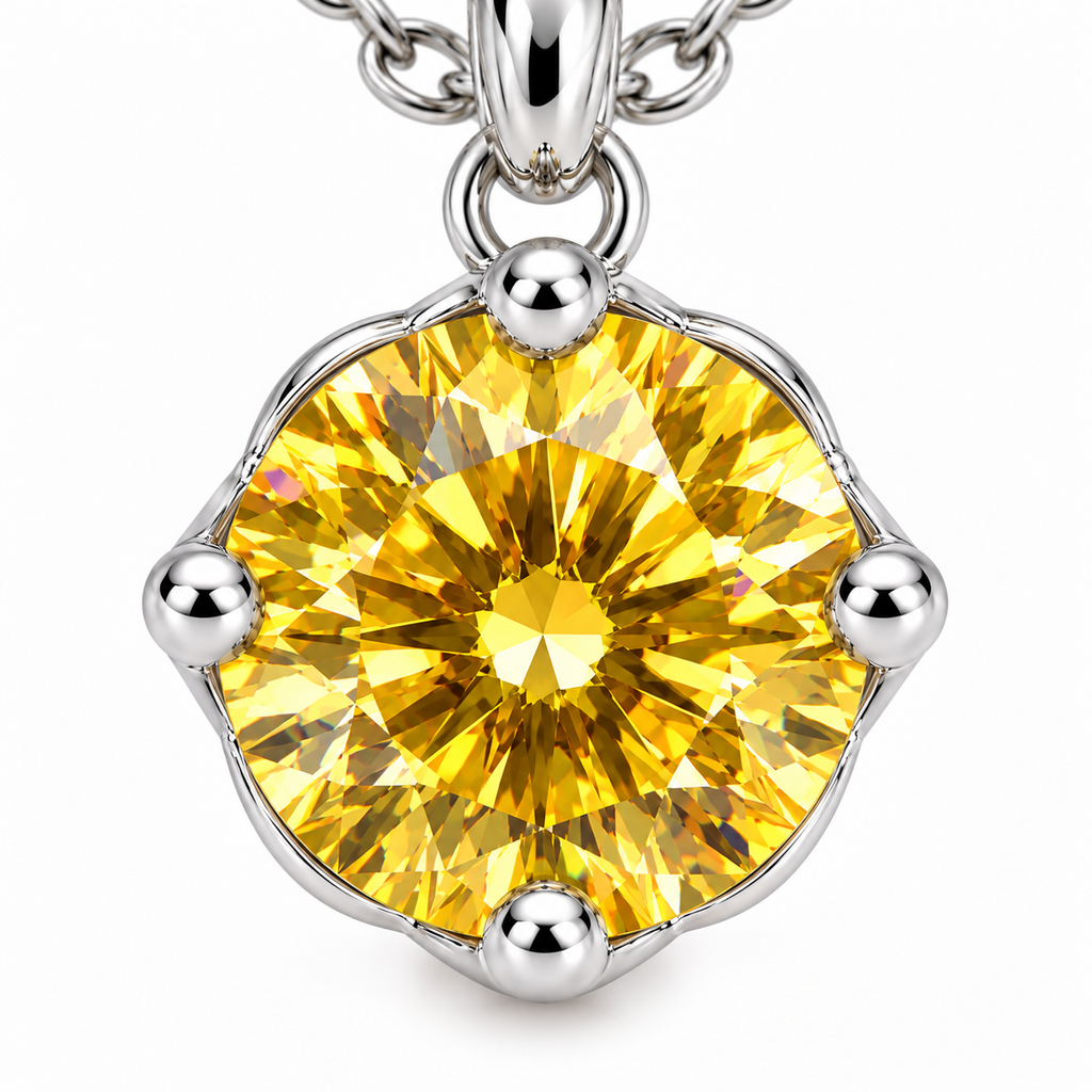 Extreme frontal macro of an 8mm VVS1 yellow moissanite pendant displaying vivid golden-yellow brilliance, intricate round brilliant faceting, four rounded silver prongs, and a polished sterling silver setting.