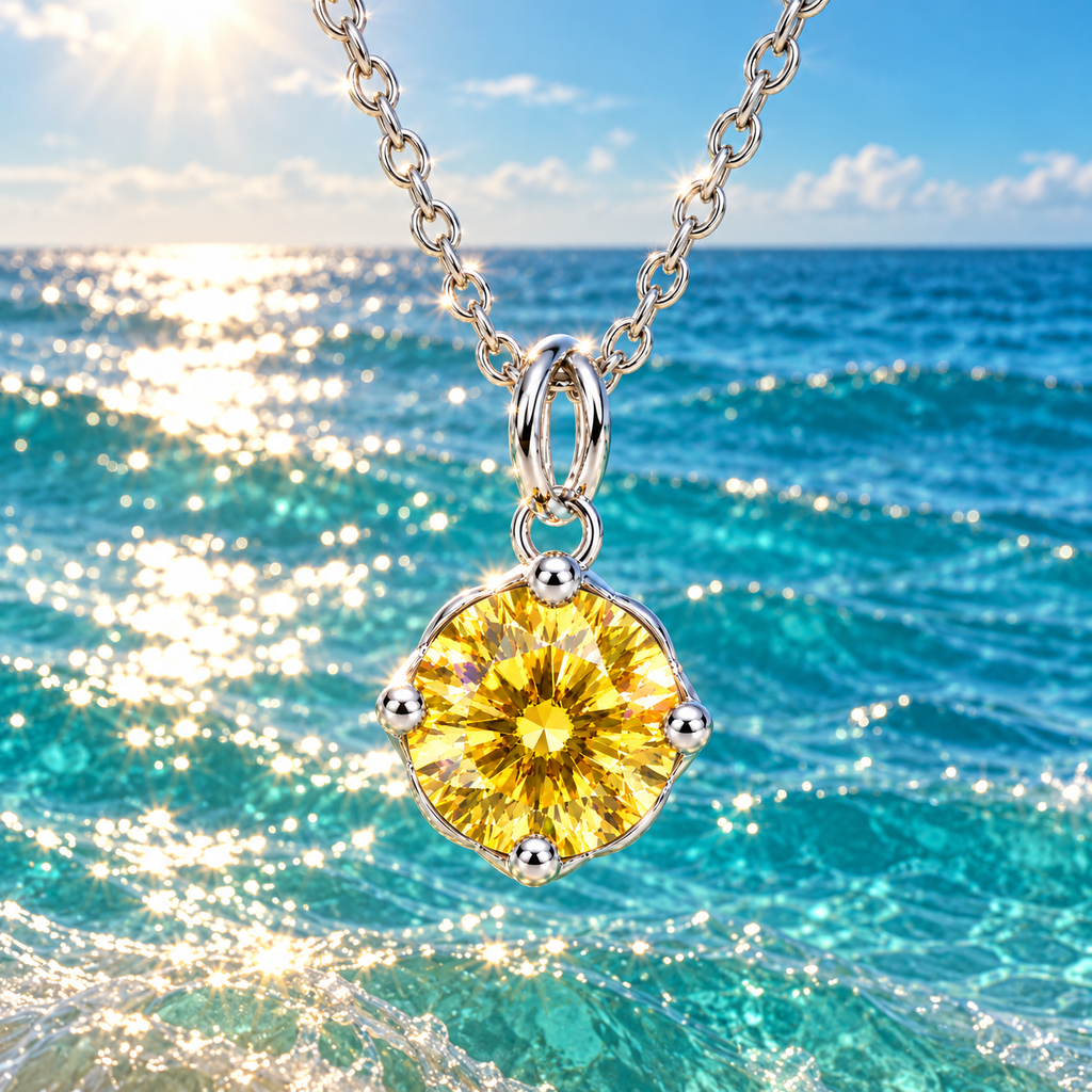 Golden-yellow moissanite pendant necklace photographed against sunlit turquoise ocean water, highlighting an 8mm round brilliant gemstone, four-prong silver setting, and sparkling water reflections.