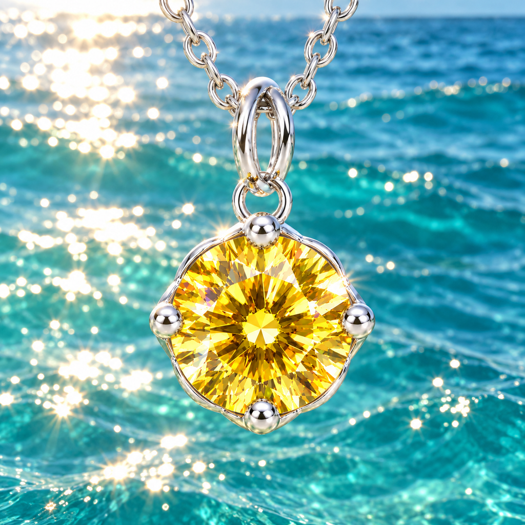 2 carat yellow moissanite solitaire necklace suspended against sparkling teal-blue ocean water with natural sunlight illuminating the golden-yellow round brilliant gemstone and polished sterling silver setting.