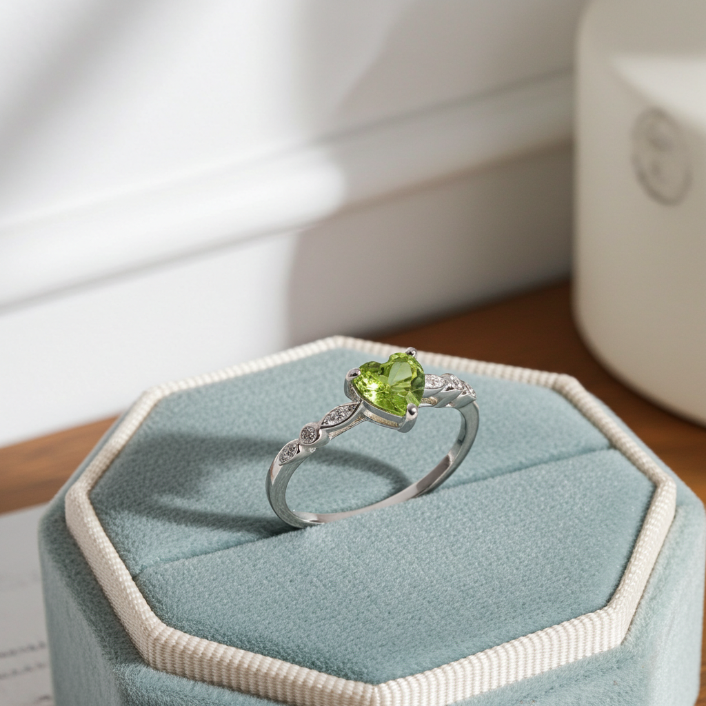 Natural Peridot Heart Ring, August Birthstone Peridot Ring 925 Sterling Silver