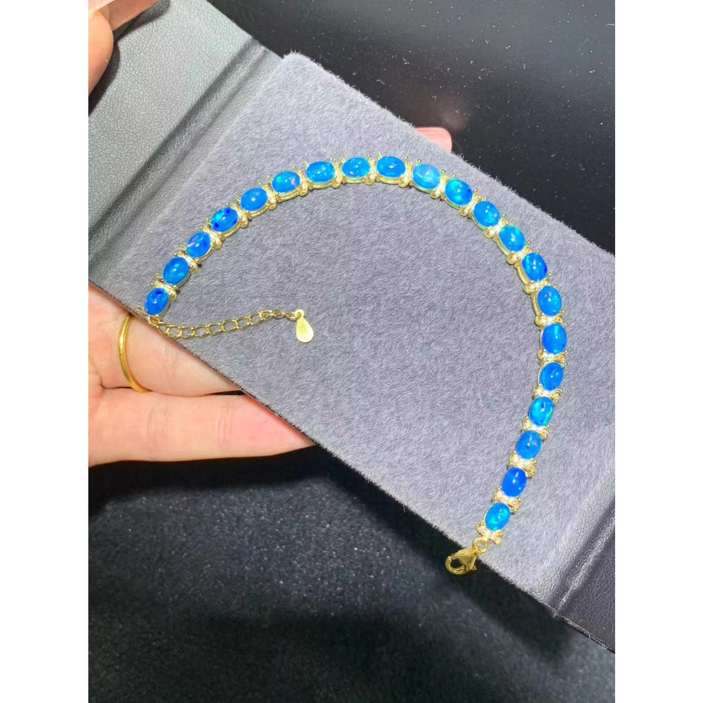 Blue Opal Women's Bracelet, Natural Blue Fire Opal Tennis Bracelet 4x6mm