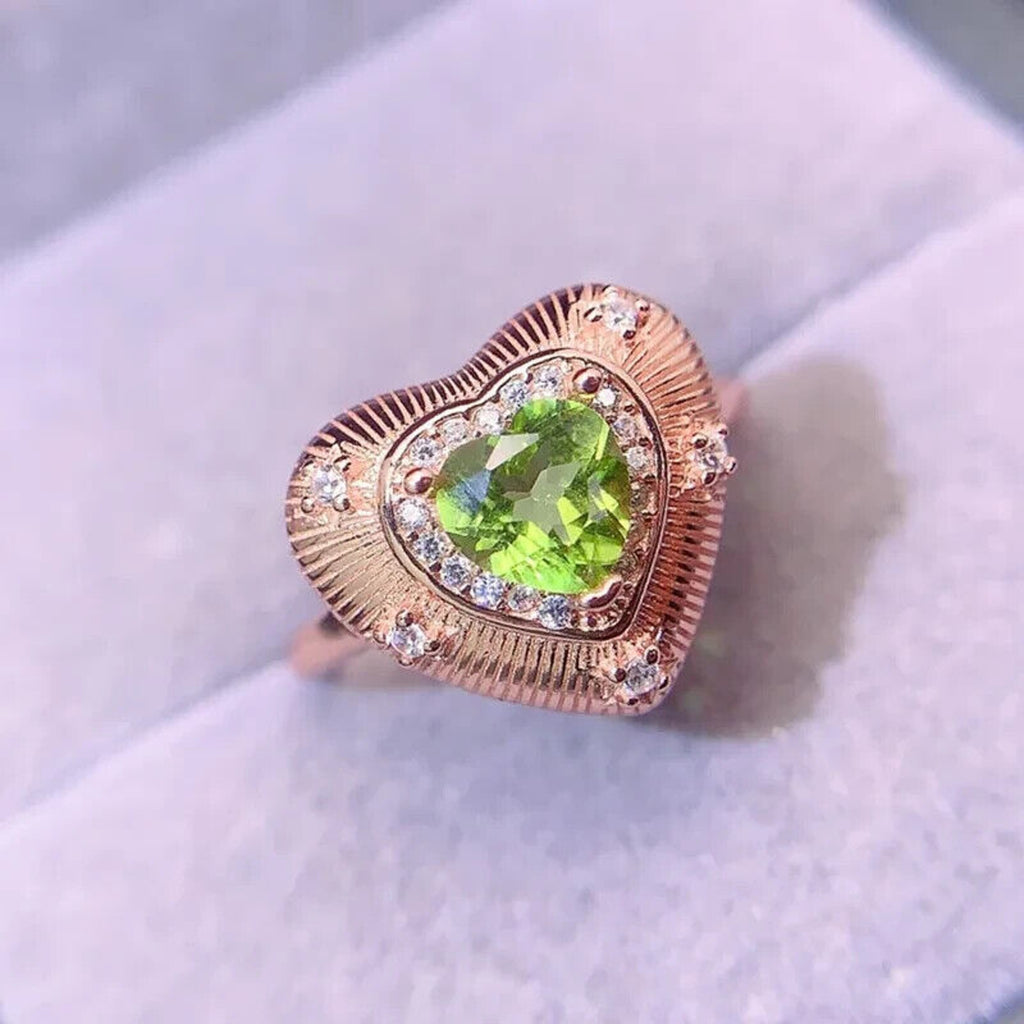Natural Peridot Gemstone Heart Statement Ring 6mm, August Birthstone Peridot