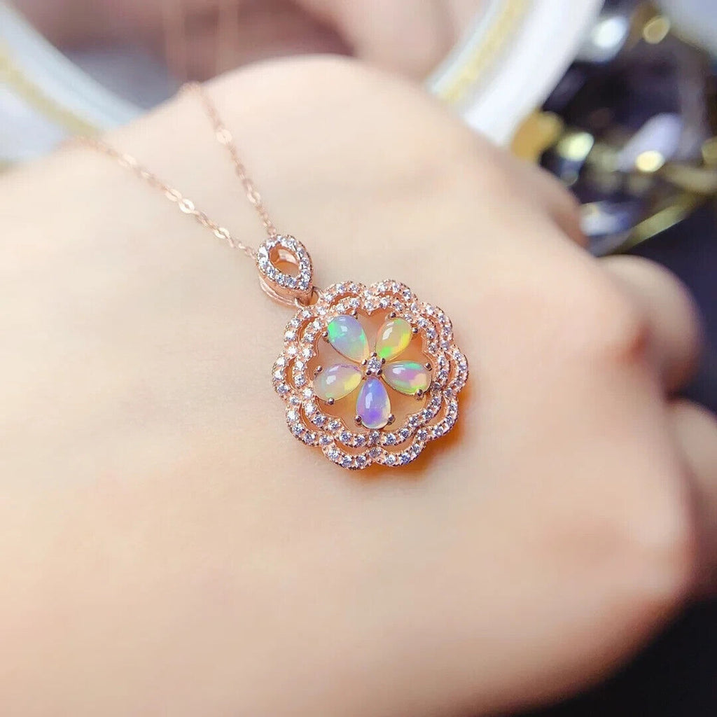 Australian Opal Flower Pendant Necklace 3x5mm, Natural Fire Opal Pendant