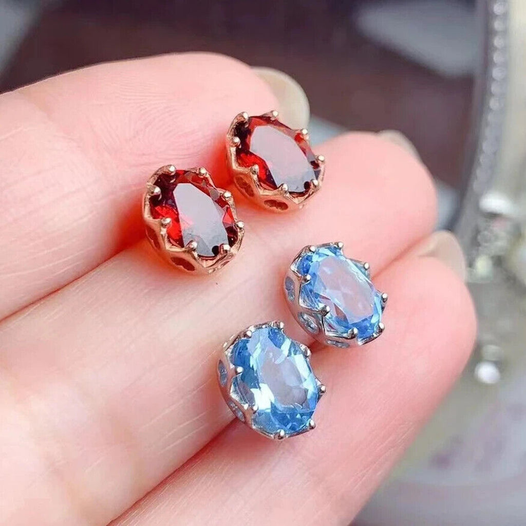 Natural Red Garnet Stud Earrings 6x8mm Platinum Plated, Red Garnet Stud Earrings