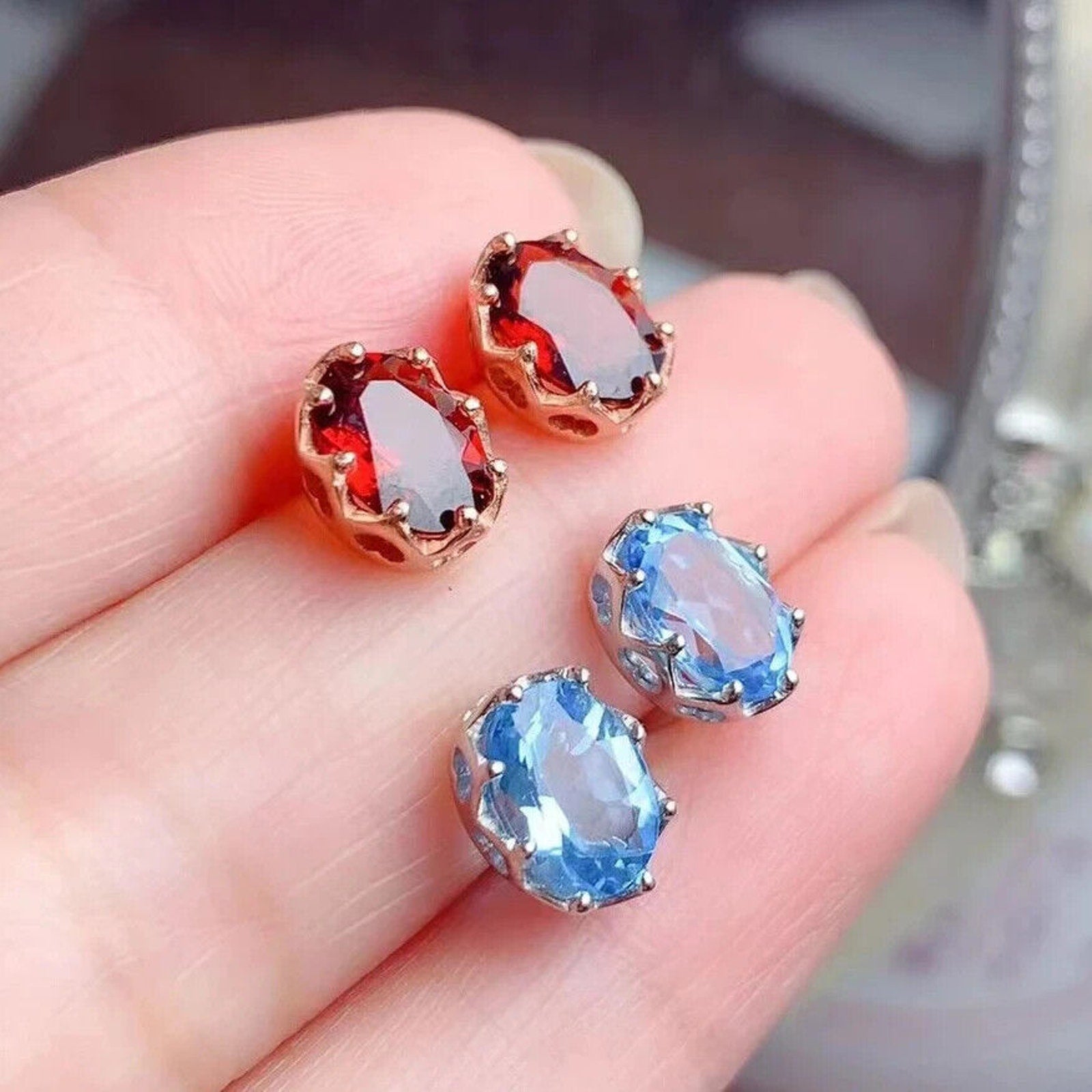 Natural Red Garnet Stud Earrings 6x8mm Platinum Plated, Red Garnet Stud Earrings